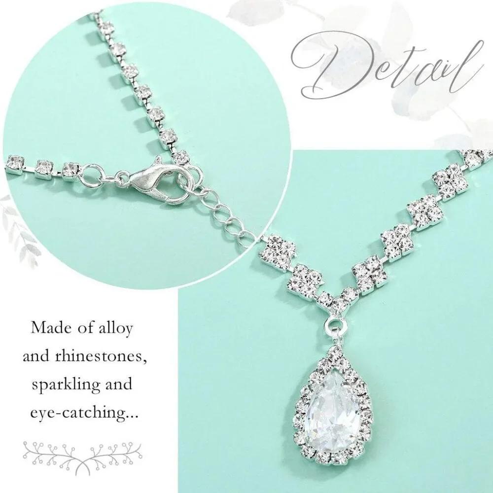 Silver Bridal Jewelry Set for Women Crystal Necklace Earrings Choker Set - Picture 6 of 7